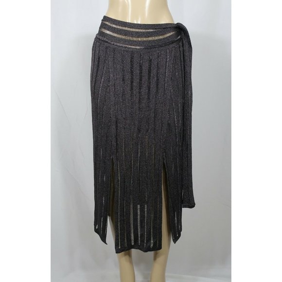 Tabula Rasa NWT Fringe Skirt Alpana Grey Sheer Solid Stripe Panel Tie Medium - Picture 1 of 5